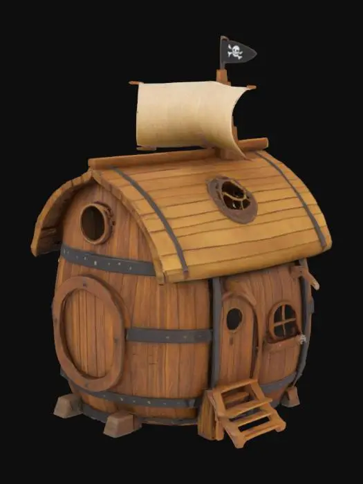 3D model for house made from an old wooden barrel and pirate ship