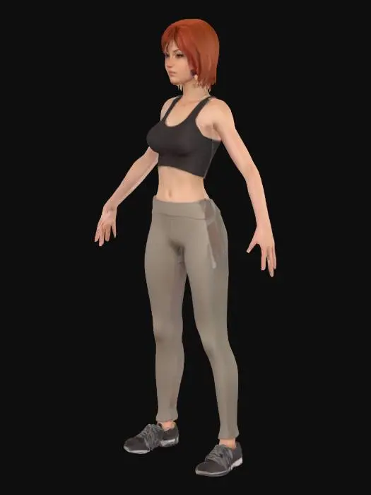 3D model for A 3D model of a slim, tall female character in her early 20s, standing in a A-pose. She has short red hair, natural skin tone, and subtle makeup. Dressed in a fitted crop top with large breasts and wearing leggings in neutral colors, with realistic human anatomy. Includes PBR textures, detailed hair, realistic skin shadows, and soft lighting. Optimized for high-quality 3D printing.