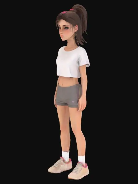 3D model for Young woman, pretty, skimpy t-shirt, skimpy shorts, trainers, socks, ultra detailed body, high detailed face, high definition, defined eyes, hard edges, angular, sharp, defined, ponytail hair

