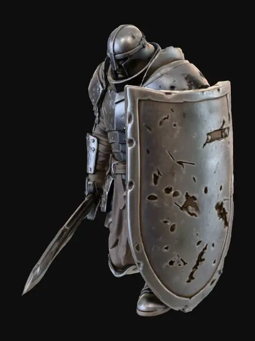 3D model for Refine this Ashwalker – The Ashbound Elder model. Keep the kneeling pose with one knee down, shield grounded and sword resting. Reduce overall bulk and remove any fat or rounded belly shapes. The elder should appear dense, compact, and powerful, not overweight. Flatten the torso profile, broaden the shoulders, thicken the neck slightly, and give the armour a forged, reinforced look rather than padded or inflated plates. Armour should feel layered and repaired over time, with firm structure and weight. Maintain calm, authoritative presence. No glow, no writing, no nameplate. Print-friendly geometry.