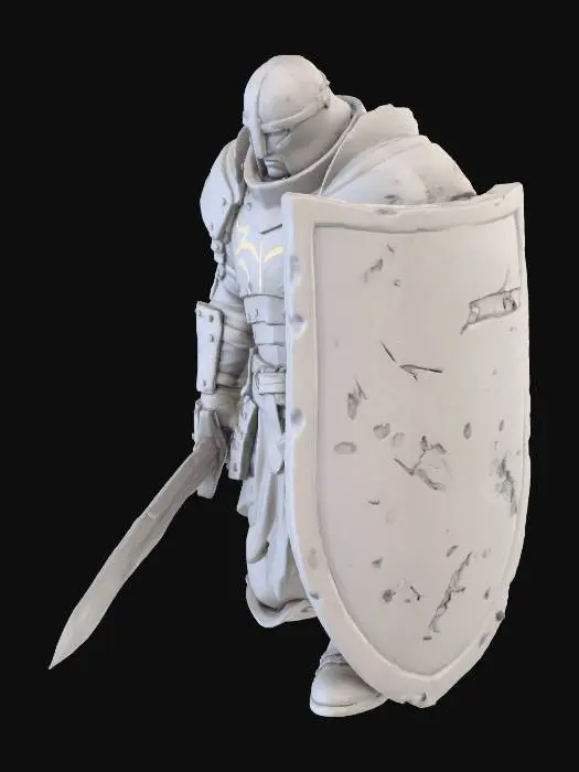 3D model for Refine this Ashwalker – The Ashbound Elder model. Keep the kneeling pose with one knee down, shield grounded and sword resting. Reduce overall bulk and remove any fat or rounded belly shapes. The elder should appear dense, compact, and powerful, not overweight. Flatten the torso profile, broaden the shoulders, thicken the neck slightly, and give the armour a forged, reinforced look rather than padded or inflated plates. Armour should feel layered and repaired over time, with firm structure and weight. Maintain calm, authoritative presence. No glow, no writing, no nameplate. Print-friendly geometry.