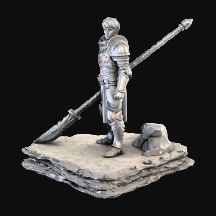 3D model for Refine this model to be more print-friendly. Keep the same young Ashwalker design, clean armour and subtle rune engraving, but change the chest runes into abstract ember glyphs (not readable letters). Make the polearm thicker and ensure it has two contact points with the base (tip touching the slate and the rear end also supported), or replace it with a straight sword held down close to the leg. Keep the layered slate base and calm disciplined stance. No nameplate text, no writing. Solid silhouette, watertight mesh, print-ready geometry.