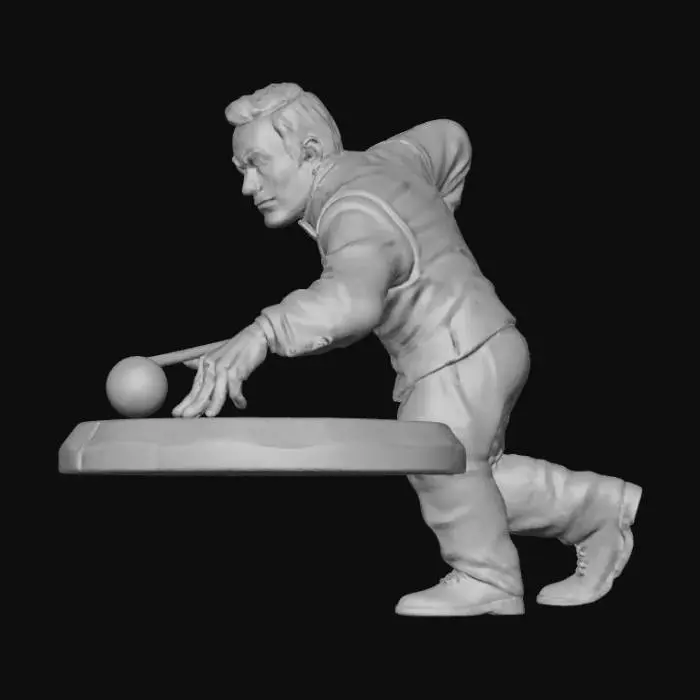 3D model for Stylized collectible statue bust, one-piece model with integrated circular base. 
SPORT: Snooker. 
POSE: frozen mid-shot alignment — upper torso leaning forward, cue-side shoulder dropped, dominant arm extended straight forward, chin tucked, eyes focused down an implied cue line. Calm, controlled expression. 
STYLE: modern-classical sculpture, slightly exaggerated for printability, smooth surfaces, subtle waistcoat and shirt collar folds, no logos, no real person likeness. 
BASE: integrated circular plinth with chamfered edges and a single engraved straight line on the front. No text. 
PRINT SAFE: grouped fingers, thickened forearm, with a cue and a cue ball as part of the action 
OUTPUT: watertight, upright, no supports, FDM-friendly, ~170mm tall.