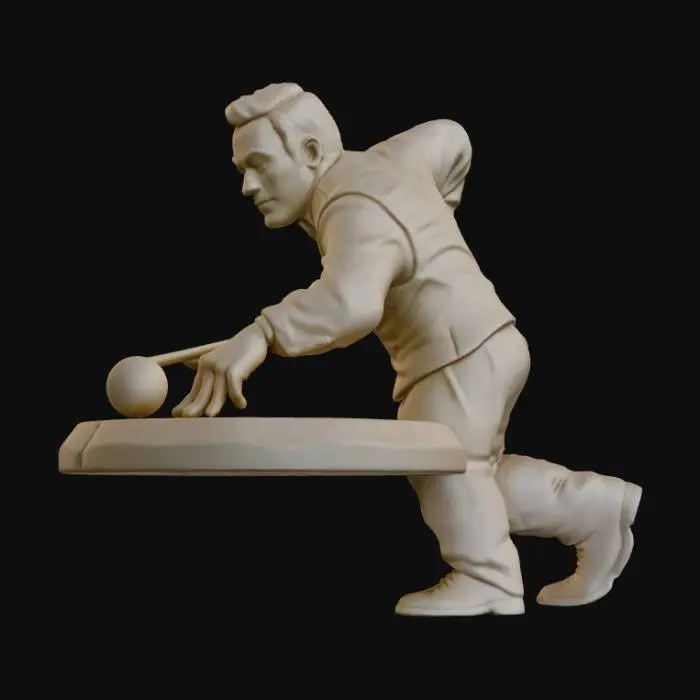 3D model for Stylized collectible statue bust, one-piece model with integrated circular base. 
SPORT: Snooker. 
POSE: frozen mid-shot alignment — upper torso leaning forward, cue-side shoulder dropped, dominant arm extended straight forward, chin tucked, eyes focused down an implied cue line. Calm, controlled expression. 
STYLE: modern-classical sculpture, slightly exaggerated for printability, smooth surfaces, subtle waistcoat and shirt collar folds, no logos, no real person likeness. 
BASE: integrated circular plinth with chamfered edges and a single engraved straight line on the front. No text. 
PRINT SAFE: grouped fingers, thickened forearm, with a cue and a cue ball as part of the action 
OUTPUT: watertight, upright, no supports, FDM-friendly, ~170mm tall.