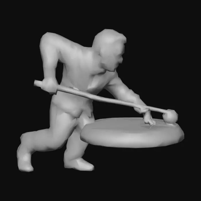 3D model for Stylized collectible statue bust, one-piece model with integrated circular base. 
SPORT: Snooker. 
POSE: frozen mid-shot alignment — upper torso leaning forward, cue-side shoulder dropped, dominant arm extended straight forward, chin tucked, eyes focused down an implied cue line. Calm, controlled expression. 
STYLE: modern-classical sculpture, slightly exaggerated for printability, smooth surfaces, subtle waistcoat and shirt collar folds, no logos, no real person likeness. 
BASE: integrated circular plinth with chamfered edges and a single engraved straight line on the front. No text. 
PRINT SAFE: grouped fingers, thickened forearm, with a cue and a cue ball as part of the action 
OUTPUT: watertight, upright, no supports, FDM-friendly, ~170mm tall.