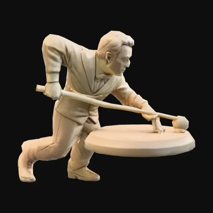 3D model for Stylized collectible statue bust, one-piece model with integrated circular base. 
SPORT: Snooker. 
POSE: frozen mid-shot alignment — upper torso leaning forward, cue-side shoulder dropped, dominant arm extended straight forward, chin tucked, eyes focused down an implied cue line. Calm, controlled expression. 
STYLE: modern-classical sculpture, slightly exaggerated for printability, smooth surfaces, subtle waistcoat and shirt collar folds, no logos, no real person likeness. 
BASE: integrated circular plinth with chamfered edges and a single engraved straight line on the front. No text. 
PRINT SAFE: grouped fingers, thickened forearm, with a cue and a cue ball as part of the action 
OUTPUT: watertight, upright, no supports, FDM-friendly, ~170mm tall.