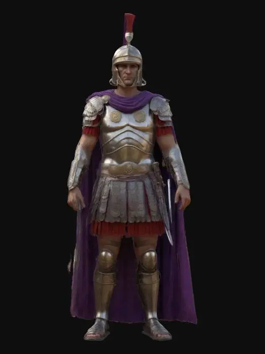 3D model for A Roman legionary from the emperor's guard, with purple decorations on his armor and helmet. With a short sword in his right hand, T-pose, realistic textures, photorealistic, well-lit, visible, high quality UV-maps., Ultra Realistic, Highly Detailed, Full Body, Symmetrical Body, 4k.