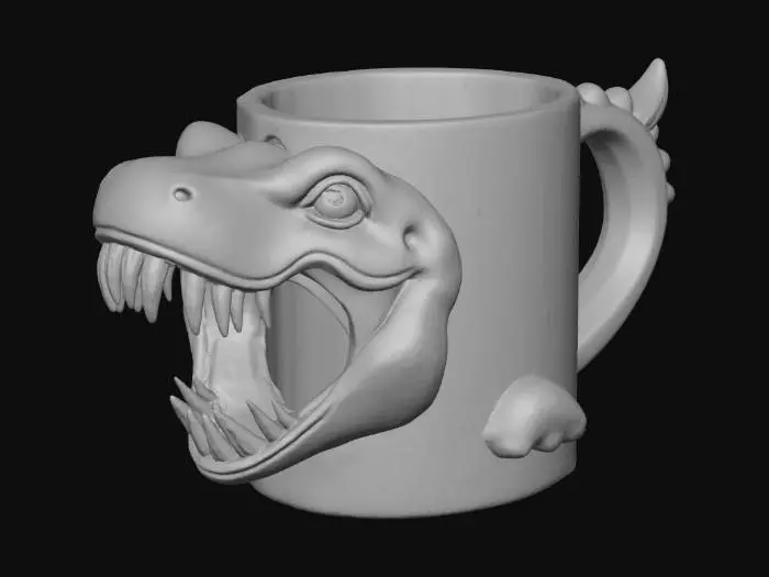 3D model for "I want to build a mug with a T-rex on its handle. this T-rex is the handle of the cup. Whenever I pour hot water, the t-rex roar."
