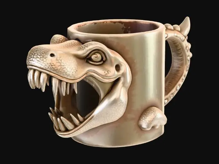 3D model for "I want to build a mug with a T-rex on its handle. this T-rex is the handle of the cup. Whenever I pour hot water, the t-rex roar."