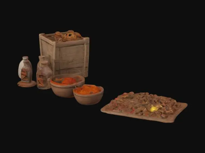 3D model for Create a detailed 3D model of a Spice Resource inspired by the ancient trade routes of the Roman era. The model should represent a collection of exotic spices such as cinnamon, pepper, saffron, and cloves, stored in a visually striking manner suitable for a strategy game like Rome Remastered.
The spices should be displayed in historically accurate clay jars, wooden crates, or woven baskets, similar to those used in ancient markets.
the materials should have a slightly worn, hand-crafted look.