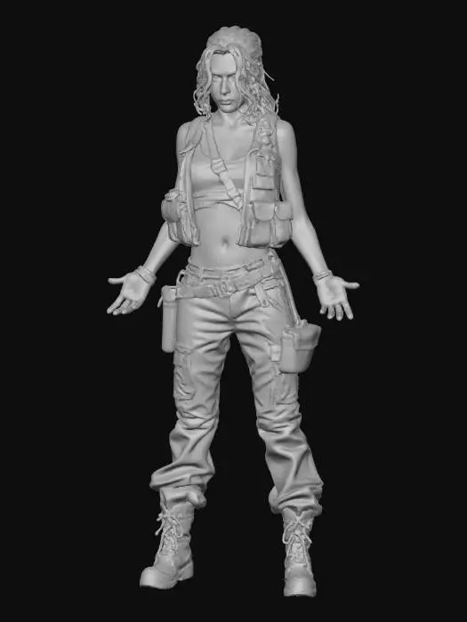 3D model for A realistic post-apocalyptic female survivor in her early 30s standing on a cracked rural backroad after societal collapse. She is very cute and has feminine features, a rugged weathered face, long brunette hair tied back in a practical ponytail, and tired but alert eyes. Skinny with  breasts. Wearing a blood-stained white tank top, tight dirty jeans torn at the knees, and worn leather work boots. A practical, heavily weathered backpack with rope, flashlight, and small tools attached. Holding a handgun loosely at her side, not posed heroically.
Clothing shows dirt, oil stains, fraying fabric, and years of wear. No military or tactical gear, no sci-fi elements.