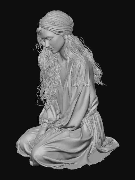 3D model for A 25 year old 1st Judean woman in 1st century Judean attire, long dark hair, is wearing a headscarf that sits towards the back of her head and then drapes down over her back, wearing a long pale sage-green linen tunic with wide sleeves, historical biblical New Testament era clothing, natural soft lighting, kneeling, forehead pressed against the ground, arms extended forward at sides with palms pressed against the ground, body fully lowered in reverence pressed against the ground, buttocks lowered to press against heels. 4K. Full body image. Willow Tree art style with mitten hands, no face, highly detailed fabrics and textures. no background.