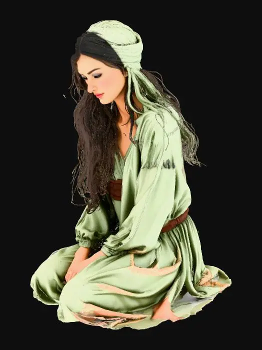 3D model for A 25 year old 1st Judean woman in 1st century Judean attire, long dark hair, is wearing a headscarf that sits towards the back of her head and then drapes down over her back, wearing a long pale sage-green linen tunic with wide sleeves, historical biblical New Testament era clothing, natural soft lighting, kneeling, forehead pressed against the ground, arms extended forward at sides with palms pressed against the ground, body fully lowered in reverence pressed against the ground, buttocks lowered to press against heels. 4K. Full body image. Willow Tree art style with mitten hands, no face, highly detailed fabrics and textures. no background.