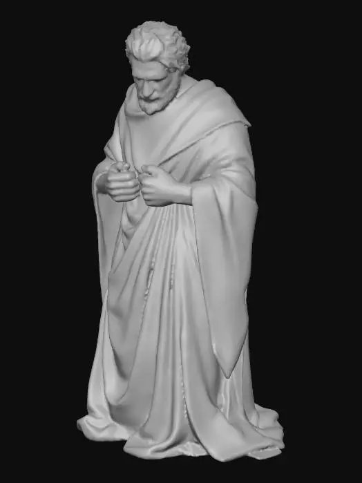 3D model for Willow Tree style faceless resin figurine of a 1st century Judean shepherd, simplified serene carved form, no facial features, mitten hands, dark mid-neck length hair and short beard, wearing linen tunic that covers feet with wide sleeves and draped wool mantle, intricate fabric folds and textures, standing full body in relaxed A-pose with open hands and palms forward with arms close to sides, head gently tilted downward, soft natural lighting, isolated on transparent background, highly detailed sculpture.