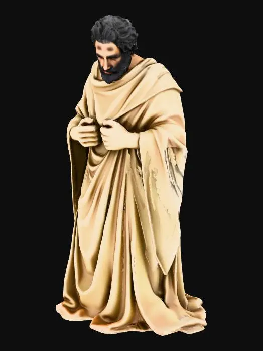 3D model for Willow Tree style faceless resin figurine of a 1st century Judean shepherd, simplified serene carved form, no facial features, mitten hands, dark mid-neck length hair and short beard, wearing linen tunic that covers feet with wide sleeves and draped wool mantle, intricate fabric folds and textures, standing full body in relaxed A-pose with open hands and palms forward with arms close to sides, head gently tilted downward, soft natural lighting, isolated on transparent background, highly detailed sculpture.
