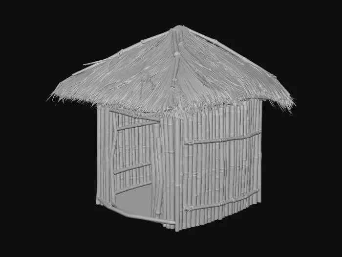 3D model for please make me a realistic bamboo house with nipa hut that is not looking good