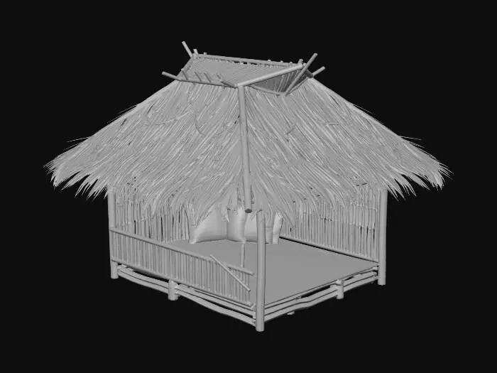 3D model for please make me a realistic bamboo house with nipa hut that is not looking good