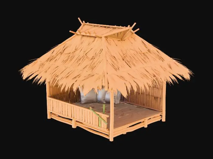 3D model for please make me a realistic bamboo house with nipa hut that is not looking good
