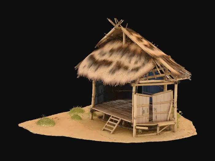 3D model for please make me a realistic bamboo house with nipa hut that is not looking good