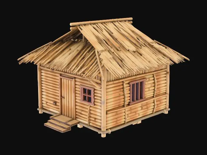 3D model for please make me a realistic bamboo house with nipa hut that is not looking good