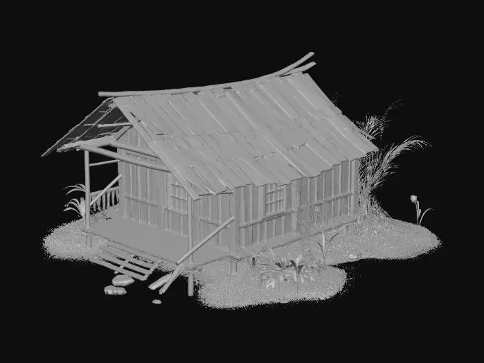 3D model for please make me a realistic bamboo house with nipa hut that is not looking good