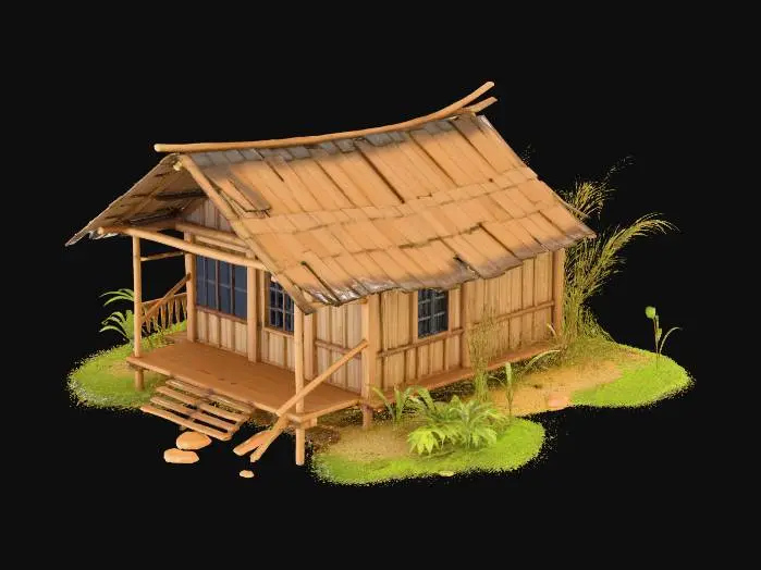 3D model for please make me a realistic bamboo house with nipa hut that is not looking good