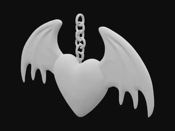 3D model for "3D model of an emo-style broken heart keychain with gothic wings, chain loop, glowing cracks, dark metal texture, high detail, hyperrealistic"
