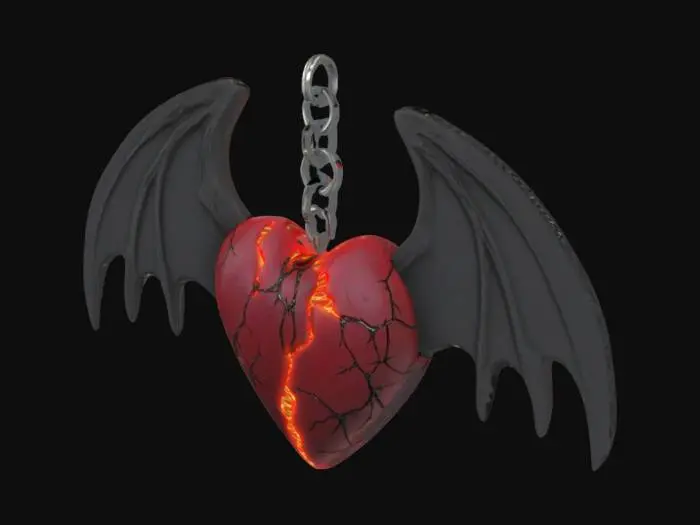 3D model for "3D model of an emo-style broken heart keychain with gothic wings, chain loop, glowing cracks, dark metal texture, high detail, hyperrealistic"
