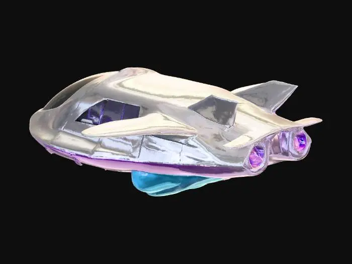 3D model for  Skyrail Phantom
A maglev passenger train with an angular, stealth-like design. Windows are tinted mirror black, blending into the silver hull. Each car has retractable drone wings for emergency hovering. Neon purple underglow streaks along the track beneath it at night.