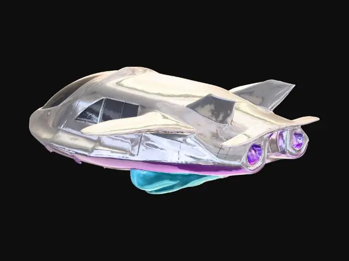 3D model for  Skyrail Phantom
A maglev passenger train with an angular, stealth-like design. Windows are tinted mirror black, blending into the silver hull. Each car has retractable drone wings for emergency hovering. Neon purple underglow streaks along the track beneath it at night.