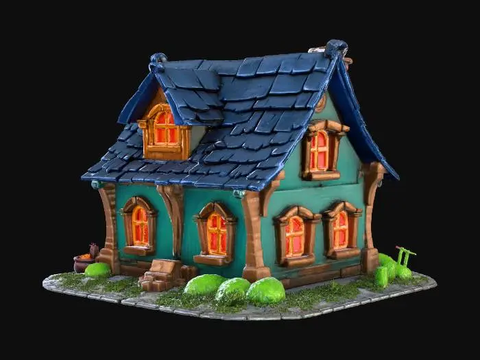 3D model for #Halloween2025#, A laughably ugly witch’s house built from random junk — crooked walls made of mismatched boards, a door too small for the frame, and a leaky cauldron used as a chimney. The roof looks like it was repaired with old broomsticks and rusty pots. The windows glow unevenly, one bright green, one flickering purple. It should look chaotic, like a failed magical experiment turned into a home. Funny, cluttered, and poorly built — only the house, no environment.