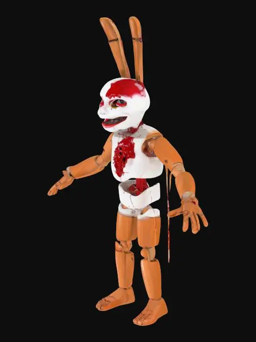 3D model for The Bleeding Marionette
Suspended by tangled strings that vanish into the sky, this puppet-like humanoid twitches with erratic movements, joints cracking loud with every step. Its wooden limbs are soaked in something red, leaking from its hollow core. Instead of a face, it wears a child’s mask—one half smiling, the other crying. The strings don’t just control it—they control nearby shadows too, making them mimic your fears. It dances only when watched. But when the lights go out, it drops the act and speaks… in your voice