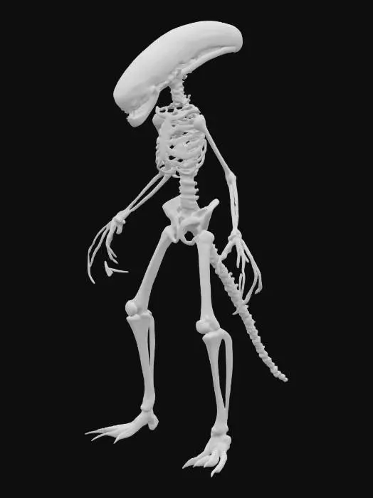 3D model for Design a terrifying, alien-inspired creature called a Nychlith. It has an elongated, skeletal arm with stretched, almost translucent skin clinging to bone-like structures. The skin is covered in small, glowing cracks that faintly pulse with light. Its hand ends in six unnaturally long, bony fingers with razor-sharp, black, claw-like nails. Parts of its flesh appear decayed, but in an otherworldly, unnatural way—not realistic gore, but eerie, alien decay. Its joints are exaggerated and slightly bent in the wrong direction, giving it an unsettling, twisted look. The whole creature feels ancient, cryptic, and disturbing.