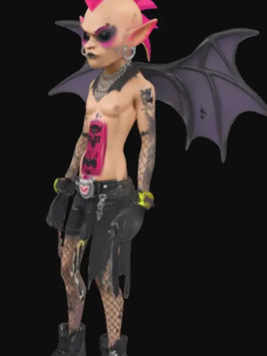 3D model for 2. Gloomie the Bat Punk
• Style: Little bat with a mohawk, chain piercings, and fishnet wings
• Accessory: Spray paint can tagged “SF3D”
• Sigil: Fang rune across chest
• Vibe: Prankster of the night skies
Funko pop style