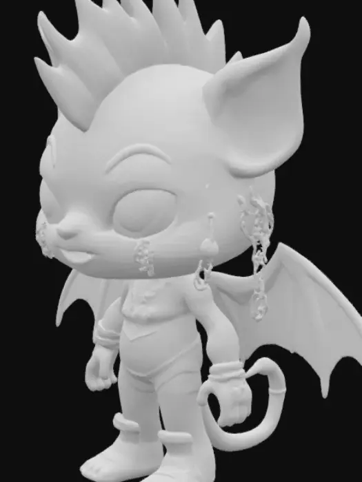 3D model for 2. Gloomie the Bat Punk
• Style: Little bat with a mohawk, chain piercings, and fishnet wings
• Accessory: Spray paint can tagged “SF3D”
• Sigil: Fang rune across chest
• Vibe: Prankster of the night skies
Funko pop style