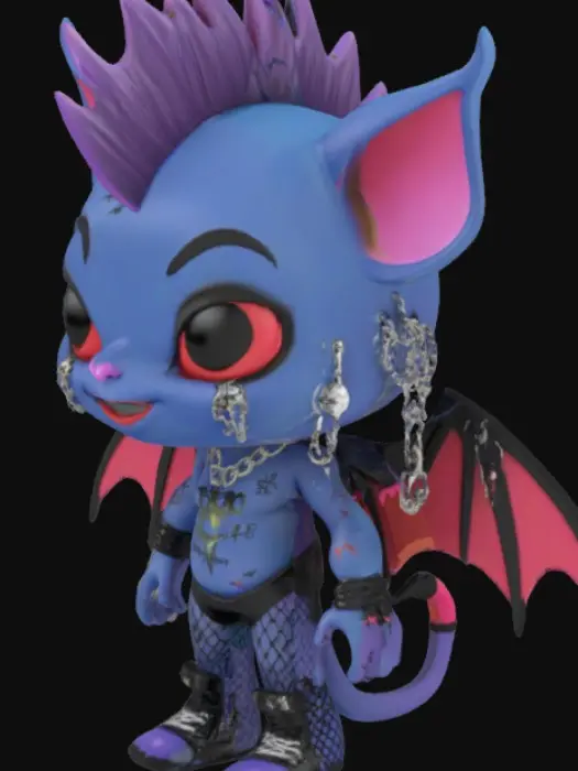 3D model for 2. Gloomie the Bat Punk
• Style: Little bat with a mohawk, chain piercings, and fishnet wings
• Accessory: Spray paint can tagged “SF3D”
• Sigil: Fang rune across chest
• Vibe: Prankster of the night skies
Funko pop style