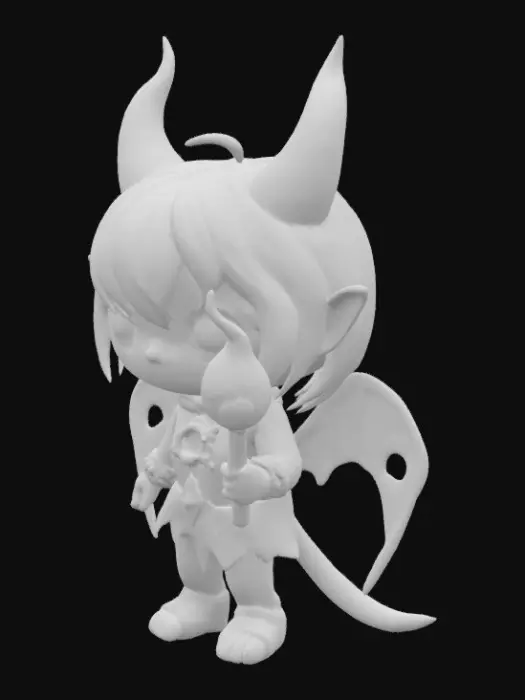 3D model for Ashlyn Embergut
• Style: Fiery emo demon with cracked horns and soot eyes
• Accessory: Melting lollipop
• Sigil: Flame teardrop below left eye
• Vibe: Hot-headed but lovable chaos baby
Funko poo style