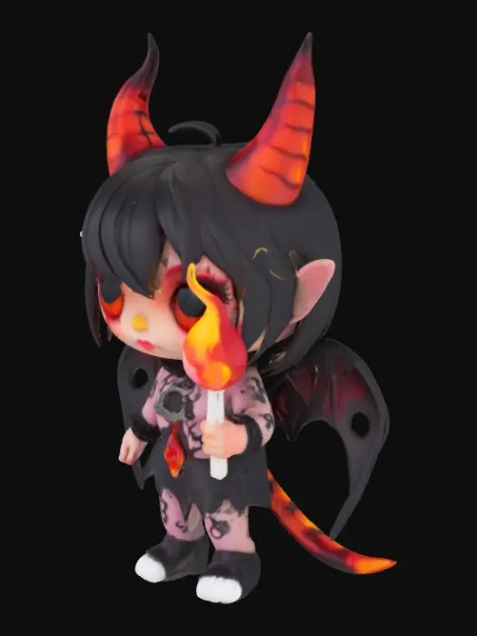 3D model for Ashlyn Embergut
• Style: Fiery emo demon with cracked horns and soot eyes
• Accessory: Melting lollipop
• Sigil: Flame teardrop below left eye
• Vibe: Hot-headed but lovable chaos baby
Funko poo style