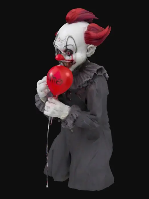3D model for 
5. Bleakie Smiles
	•	Style: Porcelain clown with a cracked face, stitched grin, and emo bangs
	•	Accessory: Balloon with “NOPE” on it
	•	Sigil: Spiral cheek crack
	•	Vibe: Laughs through the trauma
