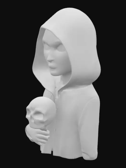 3D model for  Mira the Mirrorshade
	•	Style: Hooded figure with shattered mirror face and glowing pupils inside
	•	Accessory: Hand mirror that shows a skull
	•	Sigil: Eye-shaped crack pattern
	•	Vibe: Sees your soul… and critiques it