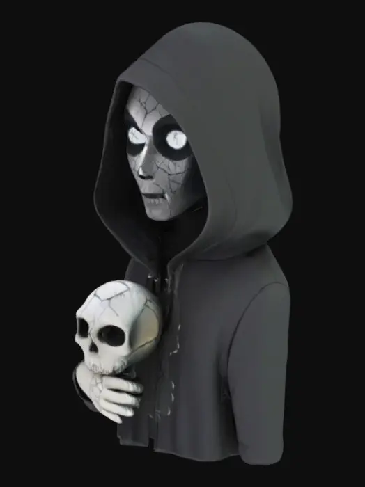 3D model for  Mira the Mirrorshade
	•	Style: Hooded figure with shattered mirror face and glowing pupils inside
	•	Accessory: Hand mirror that shows a skull
	•	Sigil: Eye-shaped crack pattern
	•	Vibe: Sees your soul… and critiques it