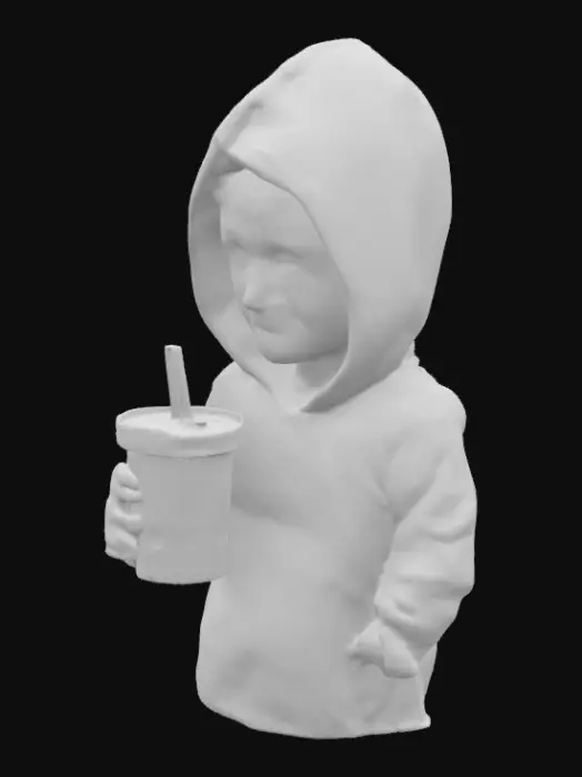 3D model for Driplet
	•	Style: Little vampire kid with oversized hoodie and blood teardrops
	•	Accessory: Slurpee cup labeled “O+”
	•	Sigil: Fang crescent on neck
	•	Vibe: Always thirsty, always awkward