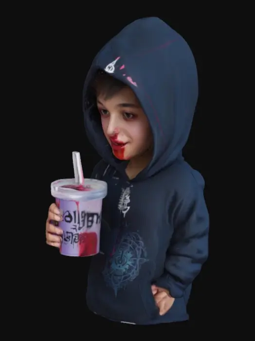 3D model for Driplet
	•	Style: Little vampire kid with oversized hoodie and blood teardrops
	•	Accessory: Slurpee cup labeled “O+”
	•	Sigil: Fang crescent on neck
	•	Vibe: Always thirsty, always awkward