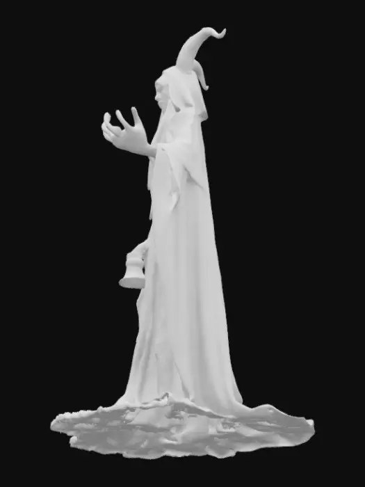 3D model for 
. Mistwitch
	•	Style: Little fog spirit with flowing cloak and no mouth—just mist
	•	Accessory: Bell that doesn’t ring
	•	Sigil: Swirl glyph that shifts
	•	Vibe: Whispers when no one’s around
