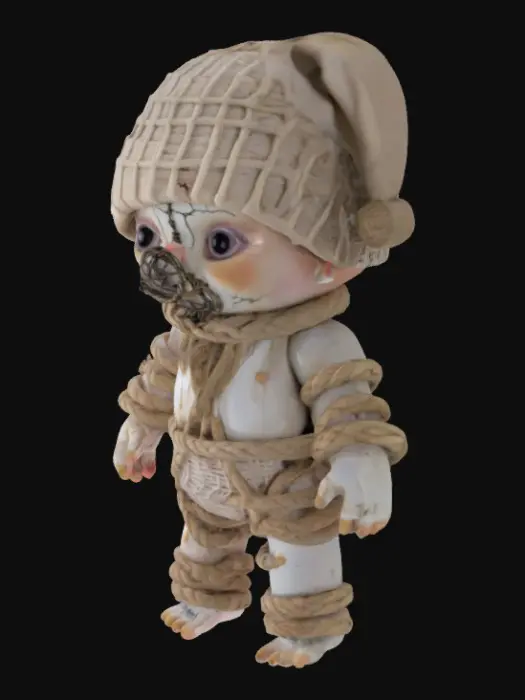 3D model for 
Baby Noose
	•	Style: Baby doll with frayed rope arms, cracked porcelain face, and a beanie
	•	Accessory: Pacifier with thorns
	•	Sigil: Rope knot with a crown
	•	Vibe: Cute, cursed, and misunderstood