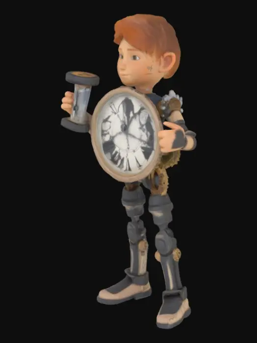 3D model for Tock
	•	Style: Broken clock-boy with a ticking chest, bent gear limbs, and glowing cracks
	•	Accessory: Hourglass with black sand
	•	Sigil: Time loop rune on back
	•	Vibe: Running out of time, but vibing