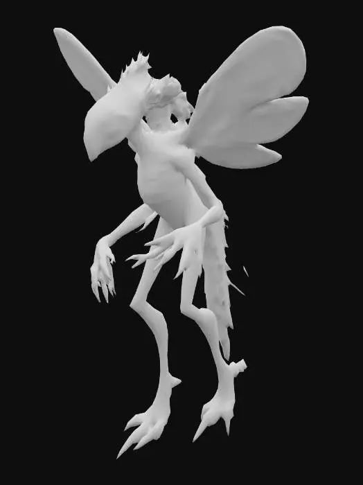 3D model for Siltfeather
A fragile, bird-like alien with four delicate, translucent wings resembling dragonfly wings dusted with iridescent powder. Its head is narrow and beakless, with large, glossy black eyes that dominate most of its face. The skin is pale silver, with feather-like strands of hair forming a mane along the neck and shoulders. Its hands are long and elegant, with clawed fingertips that curve like hooks. The legs are thin and digitigrade, ending in needle-like talons. As it moves, trails of glowing dust fall from its wings, lingering in the air like drifting embers.