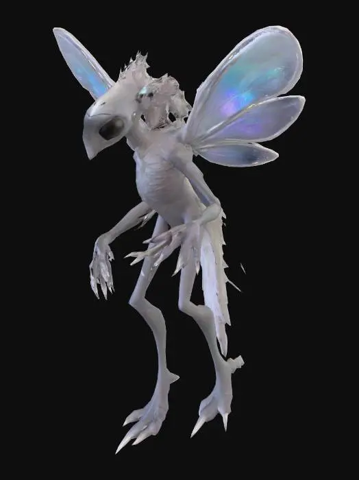 3D model for Siltfeather
A fragile, bird-like alien with four delicate, translucent wings resembling dragonfly wings dusted with iridescent powder. Its head is narrow and beakless, with large, glossy black eyes that dominate most of its face. The skin is pale silver, with feather-like strands of hair forming a mane along the neck and shoulders. Its hands are long and elegant, with clawed fingertips that curve like hooks. The legs are thin and digitigrade, ending in needle-like talons. As it moves, trails of glowing dust fall from its wings, lingering in the air like drifting embers.