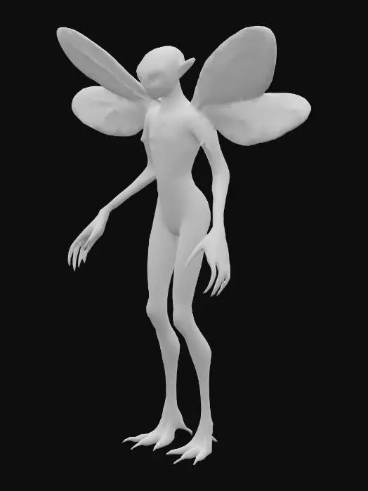 3D model for Siltfeather
A fragile, bird-like alien with four delicate, translucent wings resembling dragonfly wings dusted with iridescent powder. Its head is narrow and beakless, with large, glossy black eyes that dominate most of its face. The skin is pale silver, with feather-like strands of hair forming a mane along the neck and shoulders. Its hands are long and elegant, with clawed fingertips that curve like hooks. The legs are thin and digitigrade, ending in needle-like talons. As it moves, trails of glowing dust fall from its wings, lingering in the air like drifting embers.