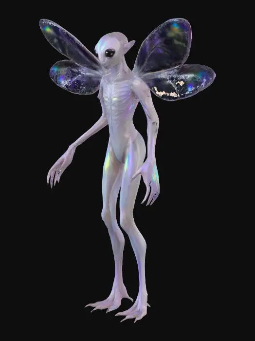 3D model for Siltfeather
A fragile, bird-like alien with four delicate, translucent wings resembling dragonfly wings dusted with iridescent powder. Its head is narrow and beakless, with large, glossy black eyes that dominate most of its face. The skin is pale silver, with feather-like strands of hair forming a mane along the neck and shoulders. Its hands are long and elegant, with clawed fingertips that curve like hooks. The legs are thin and digitigrade, ending in needle-like talons. As it moves, trails of glowing dust fall from its wings, lingering in the air like drifting embers.